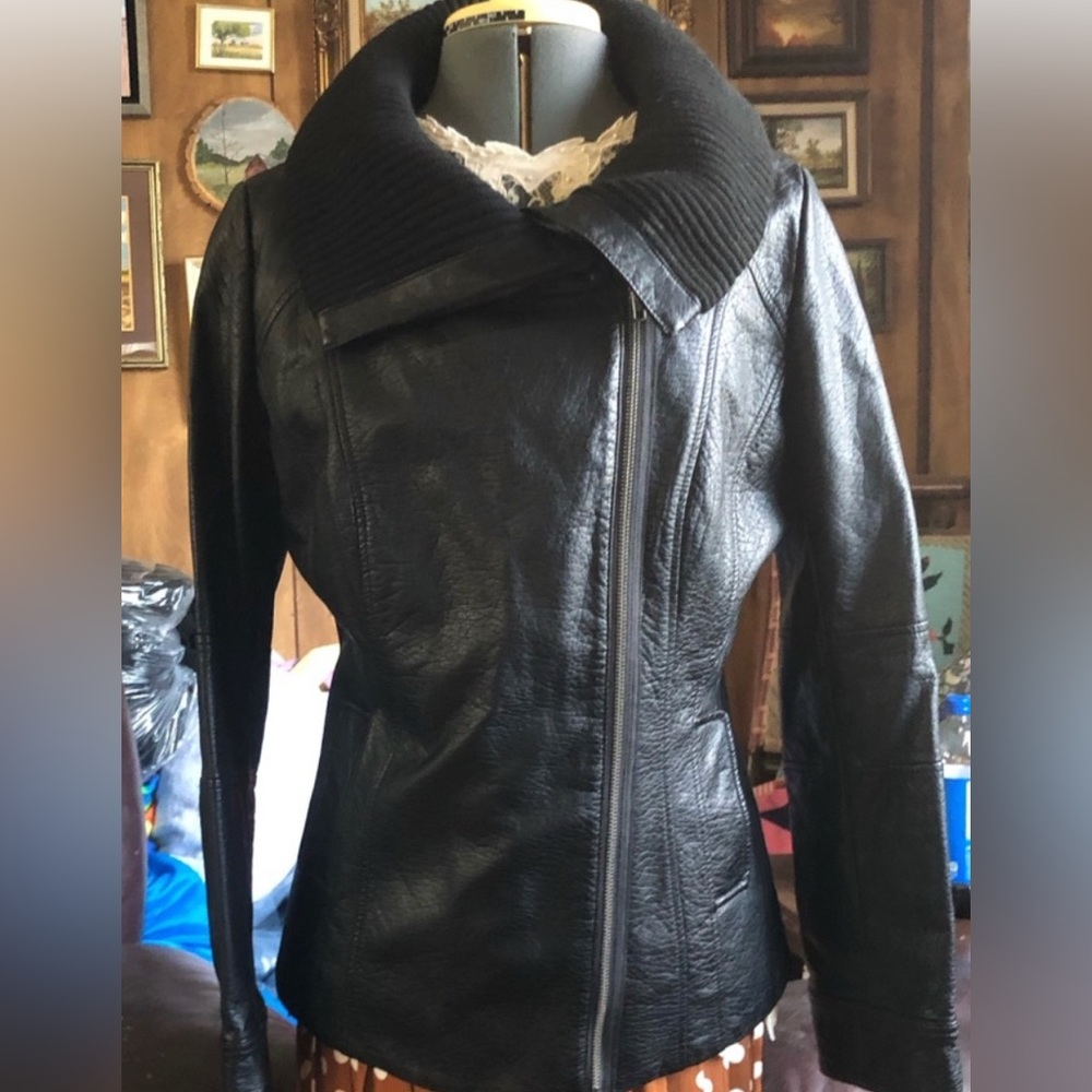 RICKIS Black Faux leather ladies spring jacket size 8 Medium short coat - Picture 9 of 11